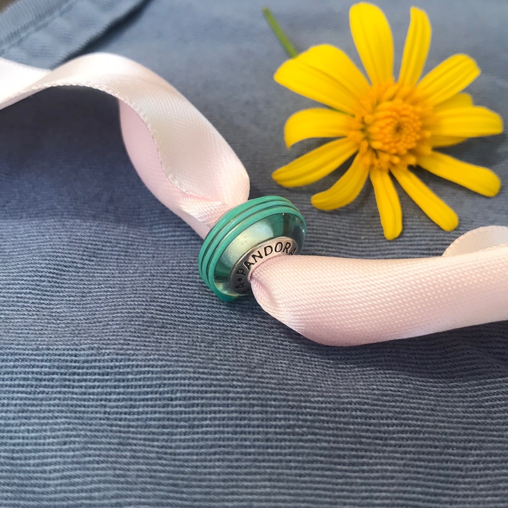 Pandora Retired Murano Glass Bead, Teal Ribbon.